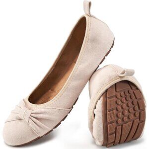 Women Beige Suede Closed Rounded Toe Comfortable Slip On Ballet Loafers Shoes